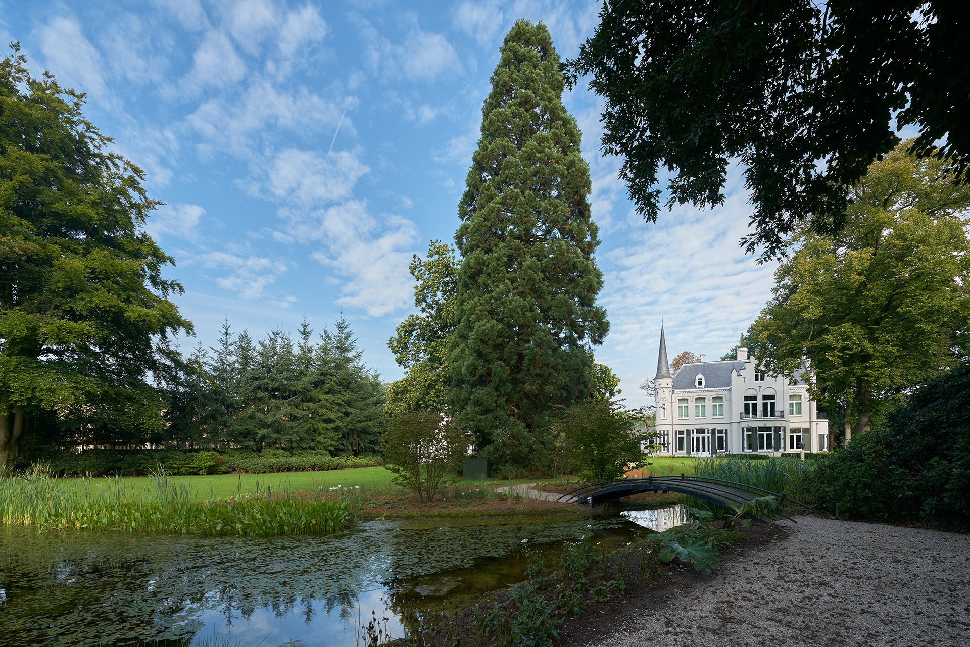 Grote vijver rondom de villa met een bruggetje over het water