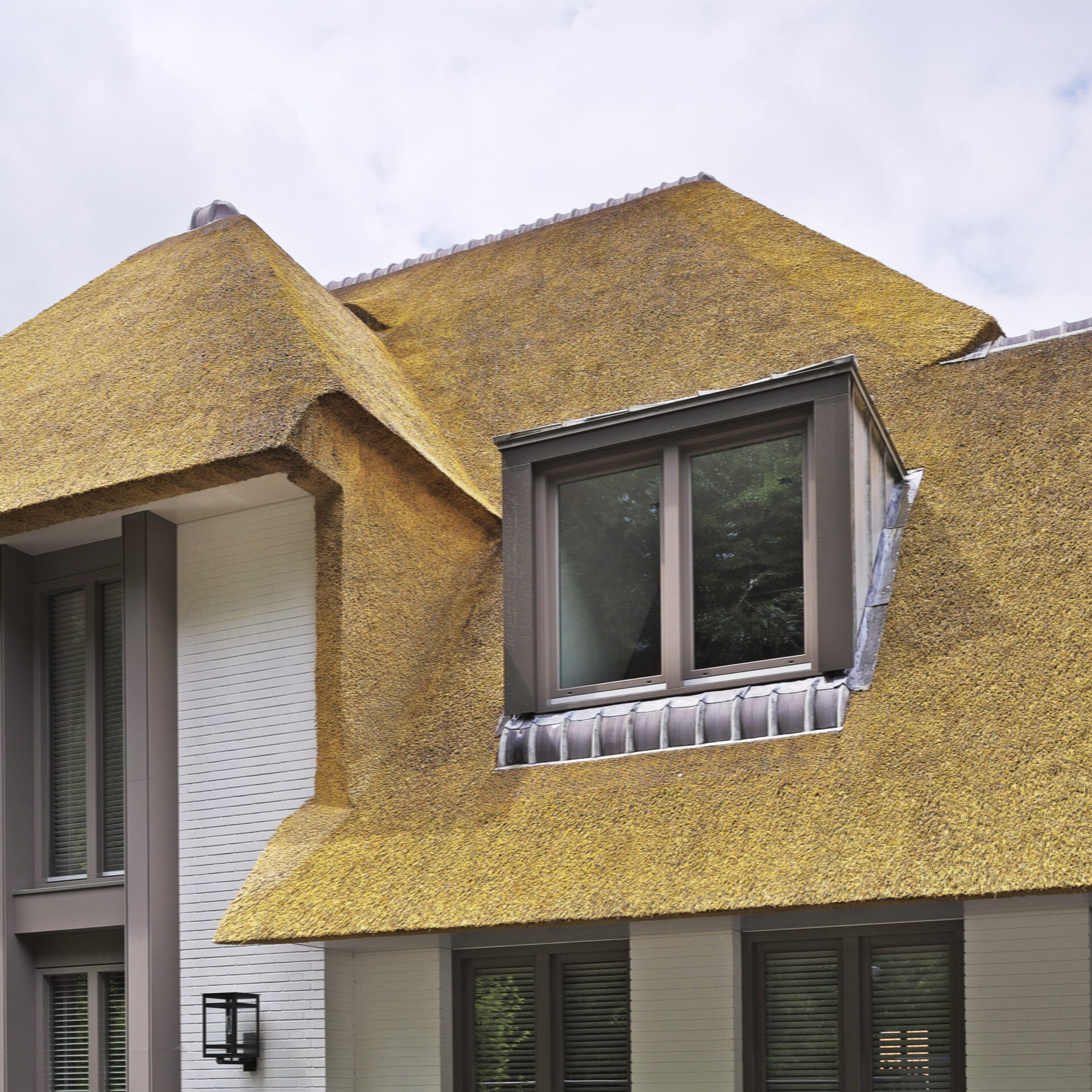 Detailfoto van rieten dak aan de voorzijde van villa wielewaal.